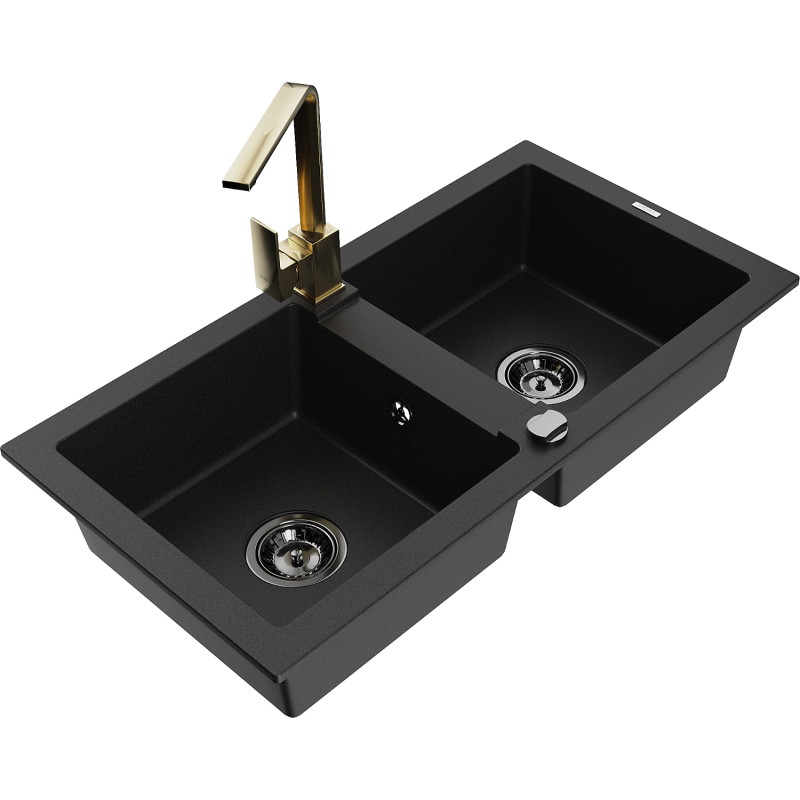 Mexen Mario 2-chamber granite sink with Rita kitchen faucet, black - 6504-77-670300-50-B