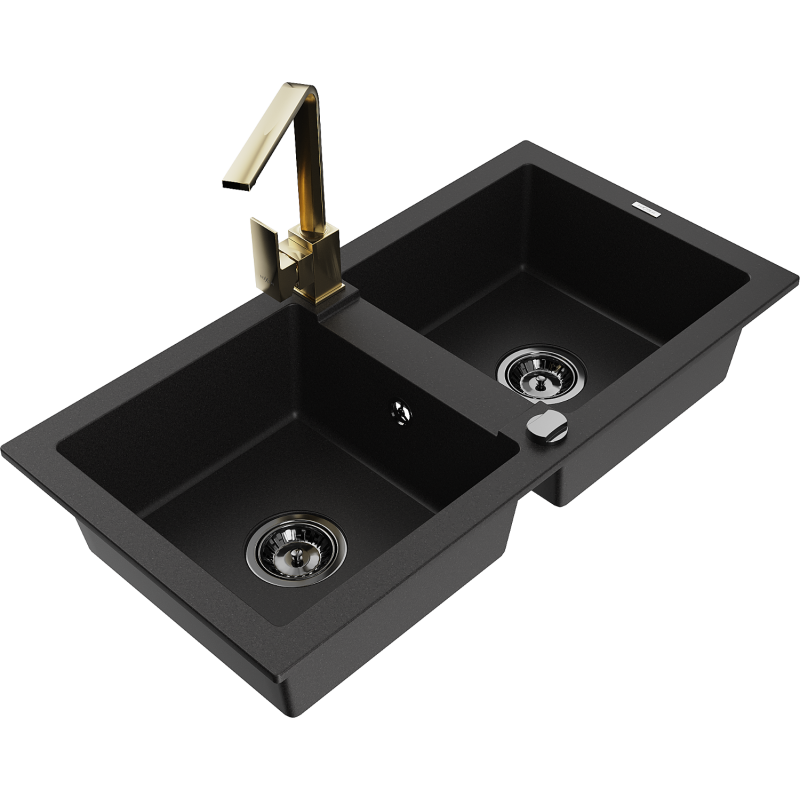 Mexen Mario granite sink with 2 compartments and Rita kitchen tap, black - 6504-77-670300-50-B