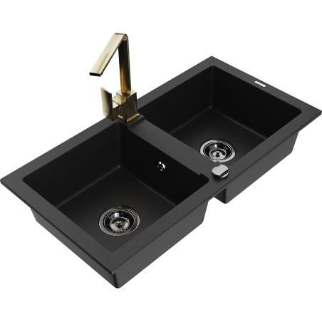 Mexen Mario 2-compartment granite sink with a kitchen mixer tap Rita, Black - 6504-77-670300-50-B