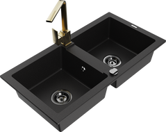Mexen Mario 2-bowl granite sink with Rita kitchen faucet, black - 6504-77-670300-50-B