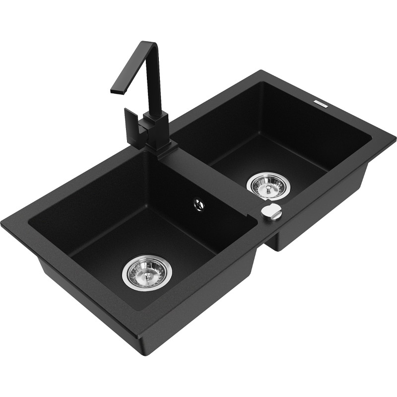 Mexen Mario granite double-bowl sink with Rita kitchen faucet, black - 6504-77-670300-70