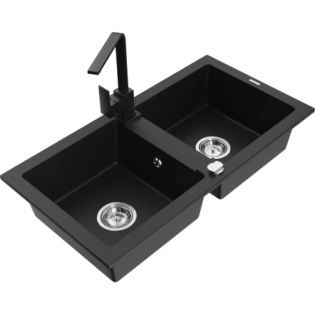 Mexen Mario granite sink with 2 compartments and kitchen faucet Rita, black - 6504-77-670300-70
