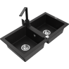 Mexen Mario granite double-bowl sink with Rita kitchen faucet, black - 6504-77-670300-70