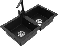 Mexen Mario granite double-bowl sink with Rita kitchen faucet, black - 6504-77-670300-70