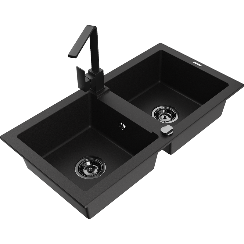 Mexen Mario 2-compartment granite sink with a kitchen mixer tap Rita, Black - 6504-77-670300-70-B