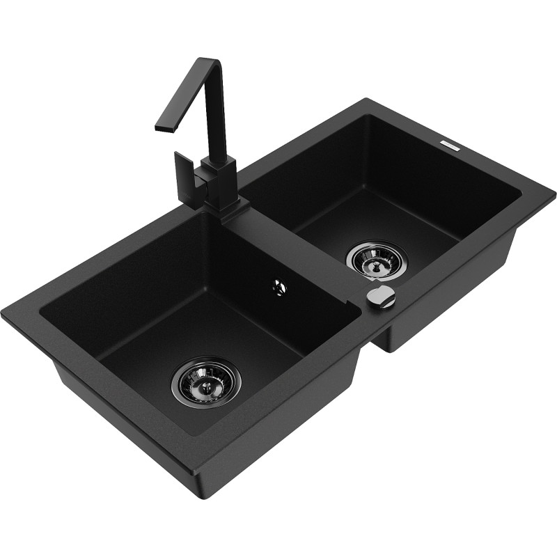 Mexen Mario granite double-bowl kitchen sink with Rita faucet, black - 6504-77-670300-70-B