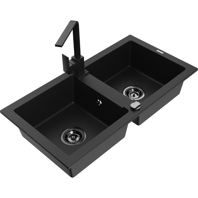 Mexen Mario Granite Sink 2-Bowl with Rita Kitchen Tap, Black - 6504-77-670300-70-B