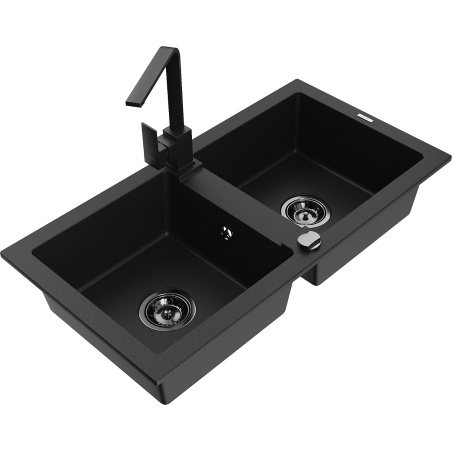 Mexen Mario granite double-bowl kitchen sink with Rita faucet, black - 6504-77-670300-70-B
