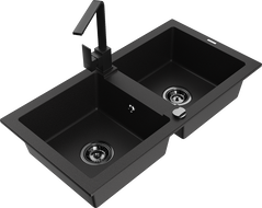 Mexen Mario 2-compartment granite sink with a kitchen mixer tap Rita, Black - 6504-77-670300-70-B