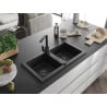 Mexen Mario granite double-bowl sink with kitchen faucet Rita, black - 6504-77-670300-70-B