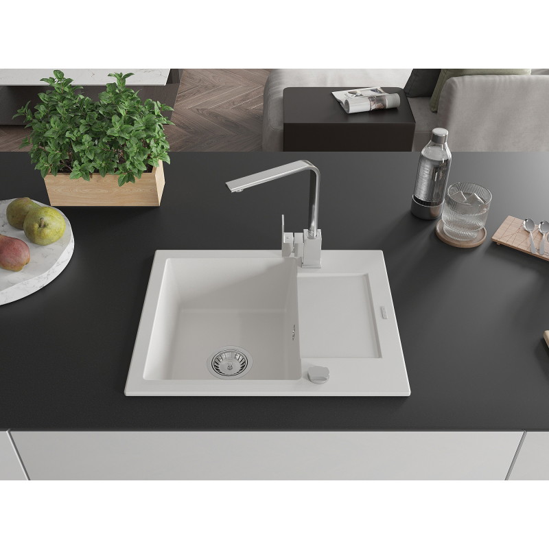 Mexen Enzo granite kitchen sink 1-bowl with drainer and Rita kitchen faucet, white - 6506-20-670300-00