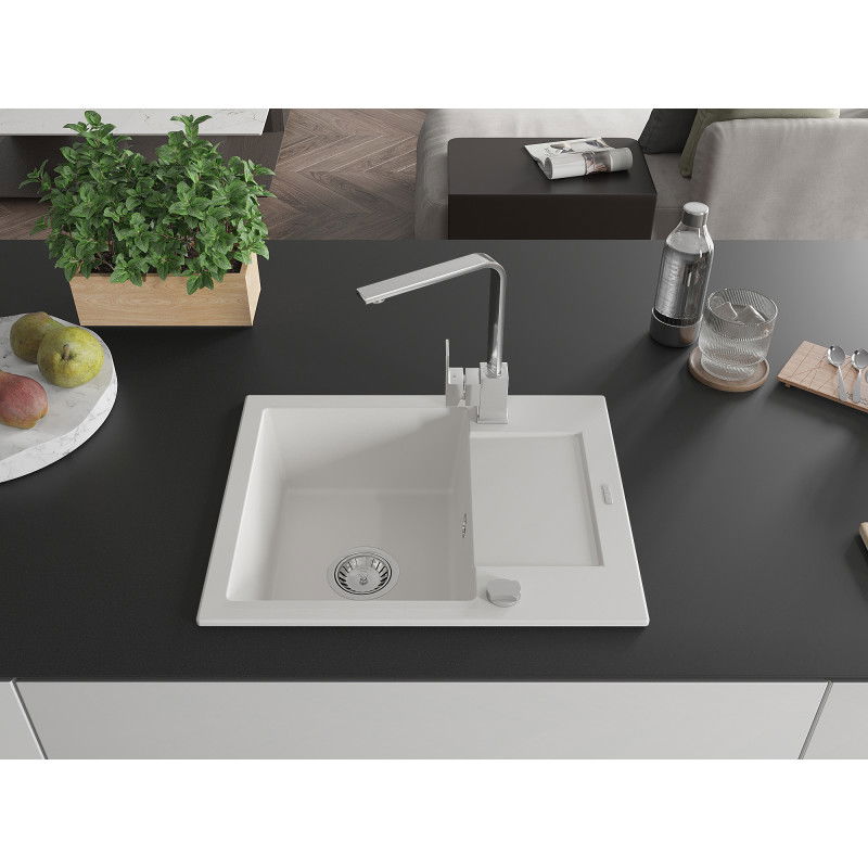 Mexen Enzo granite sink single bowl with drainer and Rita kitchen tap, white - 6506-20-670300-00