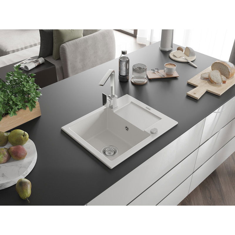 Mexen Enzo granite sink single bowl with drainer and Rita kitchen tap, white - 6506-20-670300-00