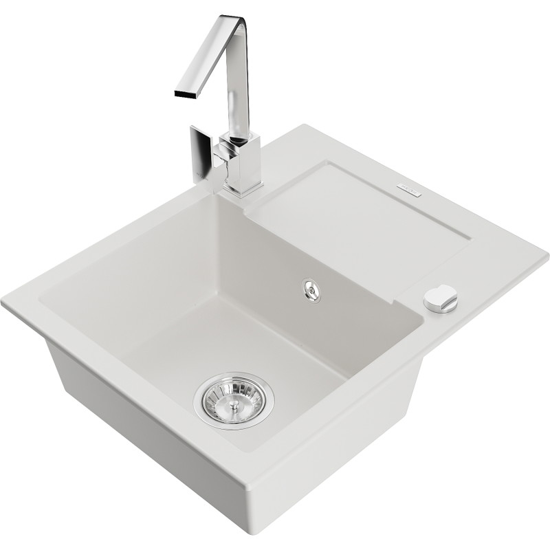Mexen Enzo granite kitchen sink 1-bowl with drainer and Rita kitchen faucet, white - 6506-20-670300-00