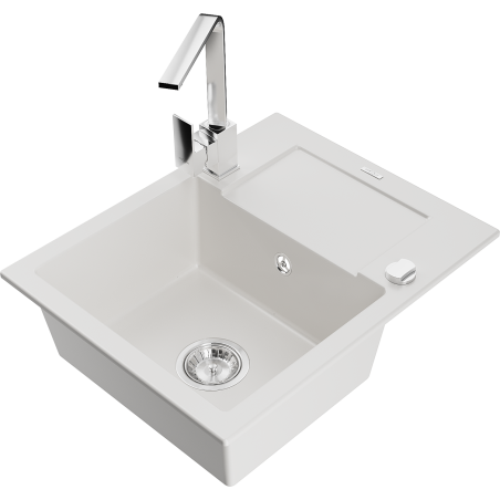 Mexen Enzo granite kitchen sink 1-bowl with drainer and Rita kitchen faucet, white - 6506-20-670300-00