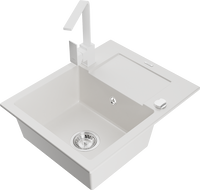 Mexen Enzo 1-compartment granite sink with a drip tray and kitchen mixer tap Rita, White - 6506-20-670300-20