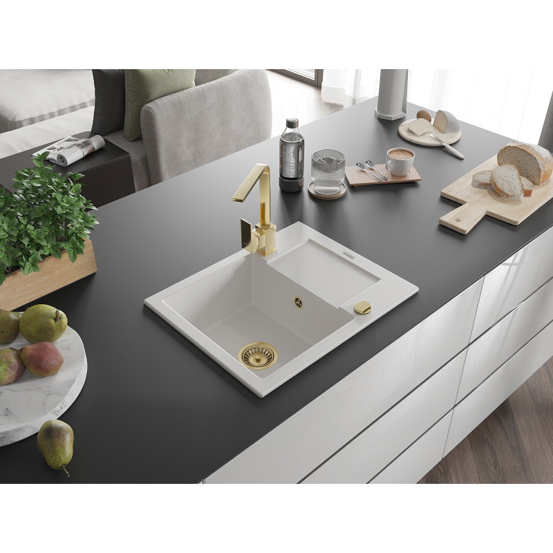 Mexen Enzo granite kitchen sink 1-bowl with drainer and kitchen faucet Rita, white - 6506-20-670300-50
