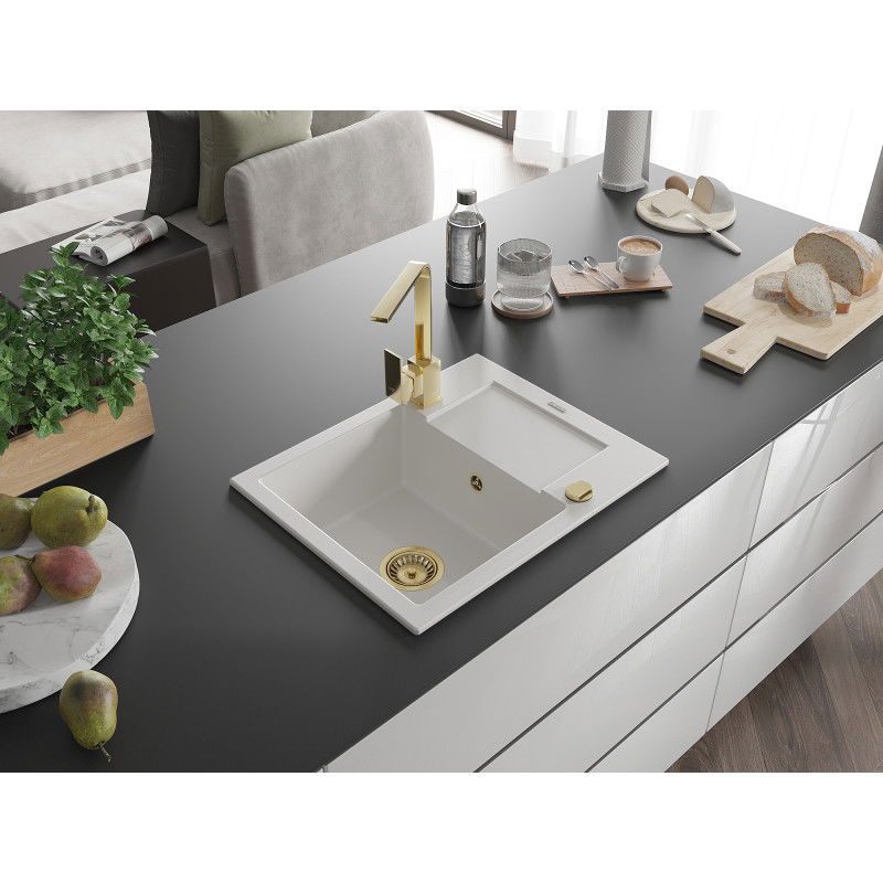 Mexen Enzo single-bowl granite sink with drainer and Rita kitchen tap, white - 6506-20-670300-50