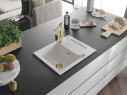 Mexen Enzo 1-bowl granite sink with drainer and Rita kitchen faucet, white - 6506-20-670300-50