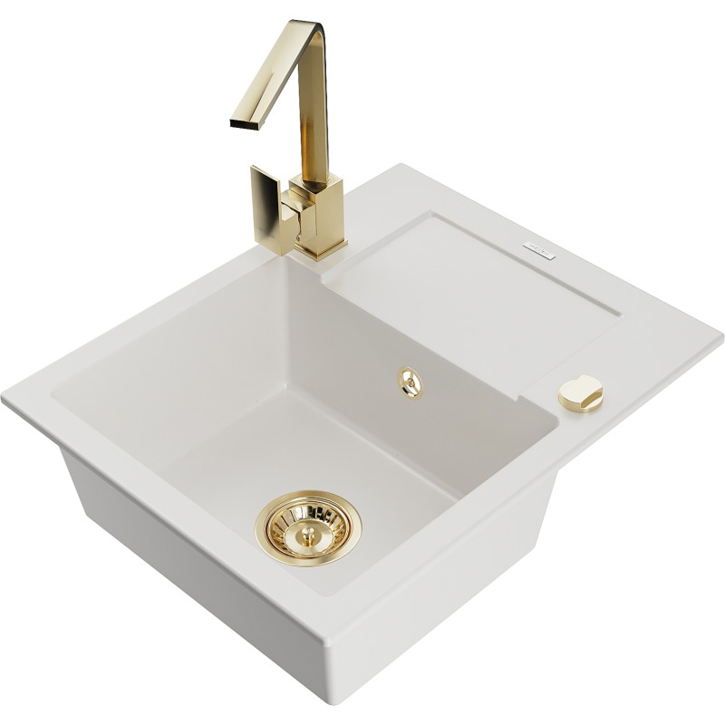 Mexen Enzo 1-bowl granite sink with drainer and Rita kitchen faucet, white - 6506-20-670300-50