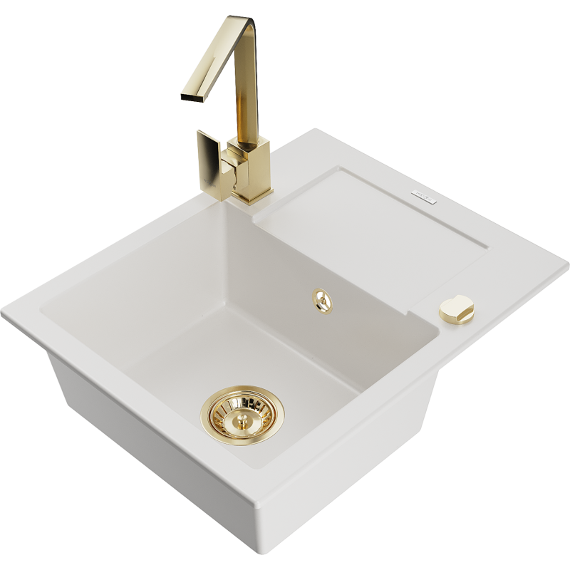 Mexen Enzo 1-compartment granite sink with a drip tray and kitchen mixer tap Rita, White - 6506-20-670300-50