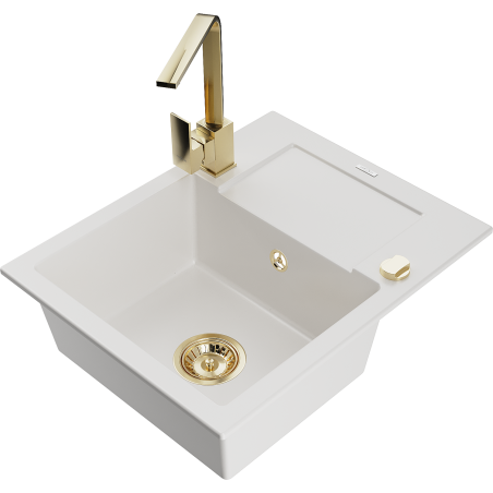 Mexen Enzo 1-compartment granite sink with a drip tray and kitchen mixer tap Rita, White - 6506-20-670300-50