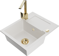 Mexen Enzo 1-compartment granite sink with a drip tray and kitchen mixer tap Rita, White - 6506-20-670300-50