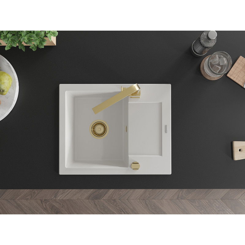 Mexen Enzo single-bowl granite sink with drainer and Rita kitchen tap, white - 6506-20-670300-50