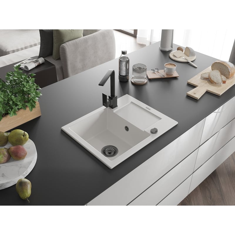 Mexen Enzo 1-bowl granite kitchen sink with drainer and Rita kitchen faucet, white - 6506-20-670300-70