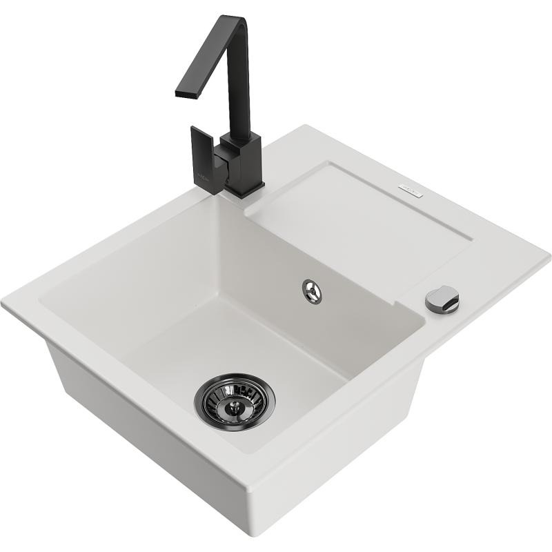 Mexen Enzo 1-bowl granite sink with drainer and Rita kitchen tap, white - 6506-20-670300-70