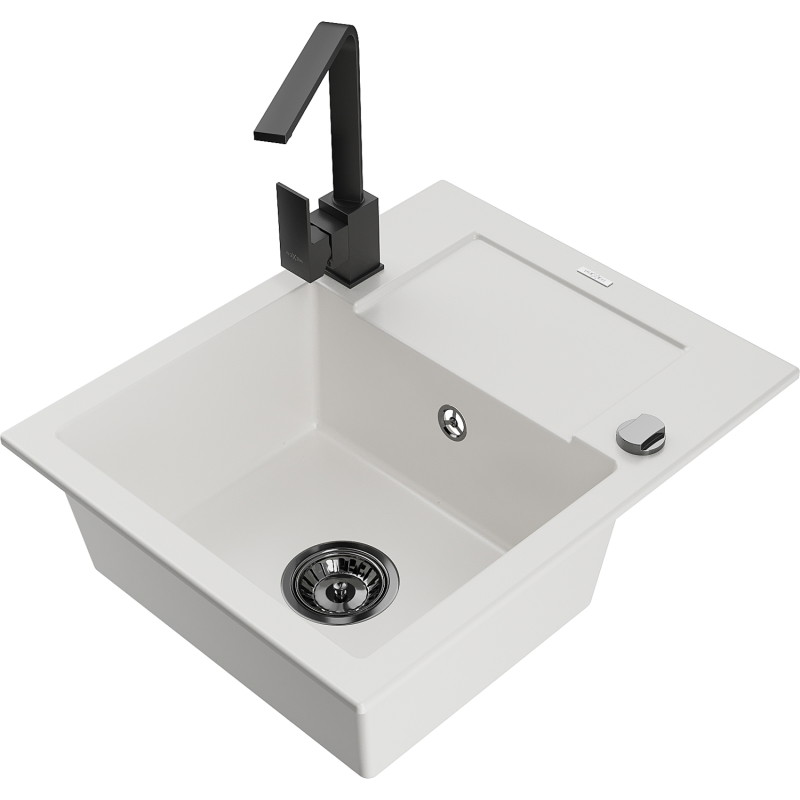 Mexen Enzo granite sink 1-bowl with drainer and kitchen faucet Rita, white - 6506-20-670300-70
