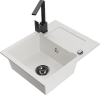 Mexen Enzo granite sink 1-bowl with drainer and kitchen faucet Rita, white - 6506-20-670300-70