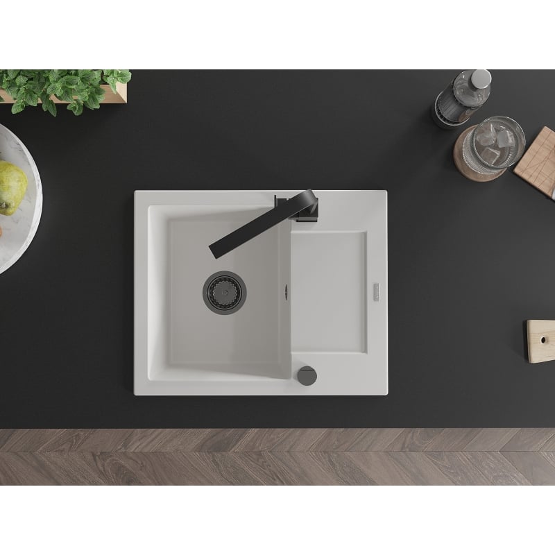 Mexen Enzo 1-bowl granite kitchen sink with drainer and Rita kitchen faucet, white - 6506-20-670300-70