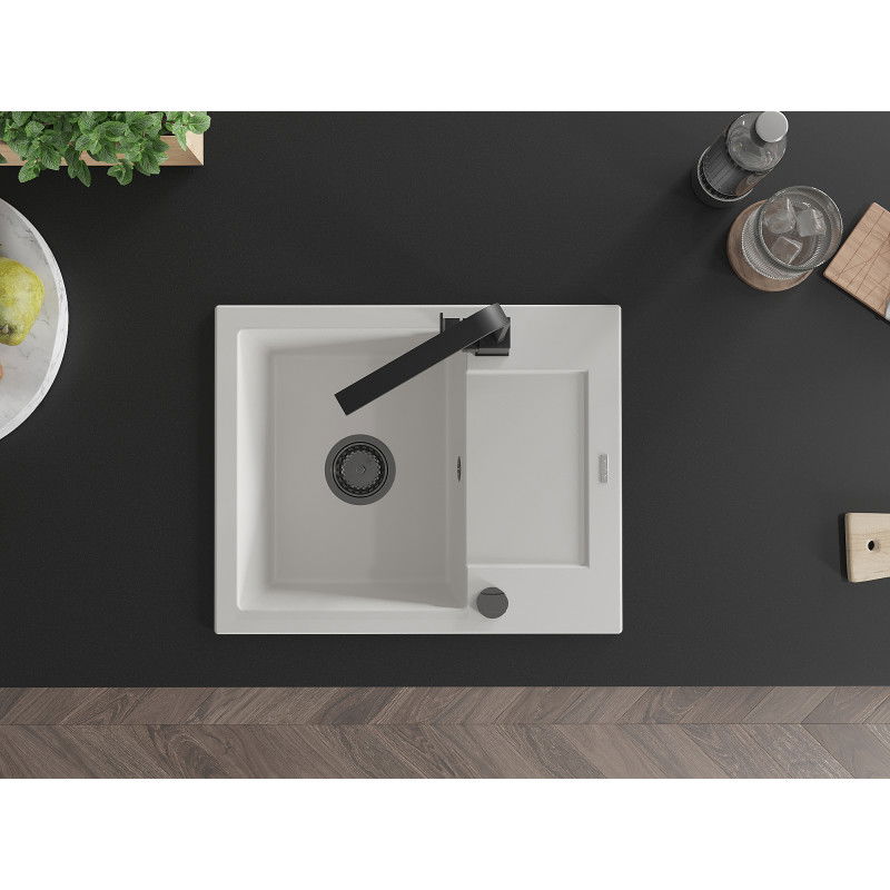 Mexen Enzo 1-bowl granite sink with drainer and Rita kitchen tap, white - 6506-20-670300-70