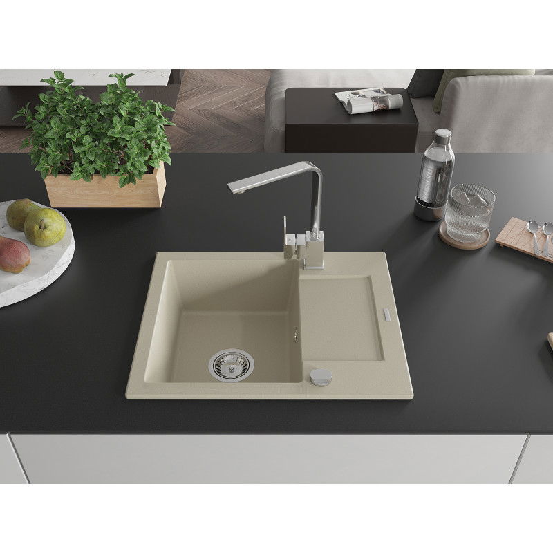 Mexen Enzo 1-bowl granite sink with drainer and Rita kitchen tap, beige - 6506-69-670300-00