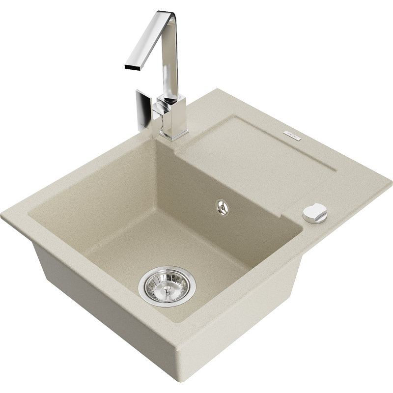 Mexen Enzo 1-compartment granite sink with a drip tray and kitchen mixer tap Rita, Beige - 6506-69-670300-00