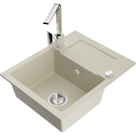 Mexen Enzo 1-bowl granite sink with drainer and Rita kitchen faucet, beige - 6506-69-670300-00