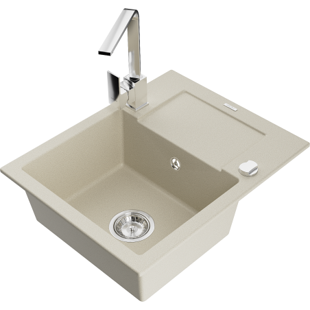 Mexen Enzo 1-compartment granite sink with a drip tray and kitchen mixer tap Rita, Beige - 6506-69-670300-00