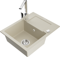 Mexen Enzo 1-compartment granite sink with a drip tray and kitchen mixer tap Rita, Beige - 6506-69-670300-00