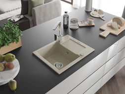 Mexen Enzo 1-compartment granite sink with a drip tray and kitchen mixer tap Rita, Beige - 6506-69-670300-00