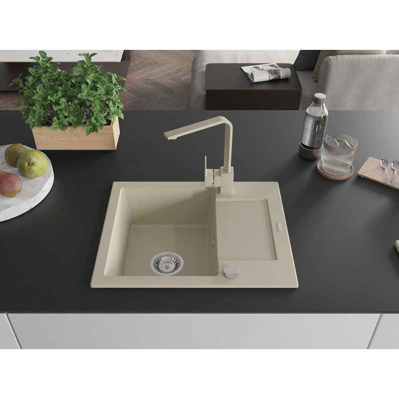 Mexen Enzo 1-bowl granite sink with drainer and Rita kitchen tap, beige - 6506-69-670300-69