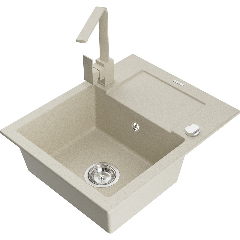 Mexen Enzo 1-bowl granite kitchen sink with drainer and Rita kitchen faucet, beige - 6506-69-670300-69