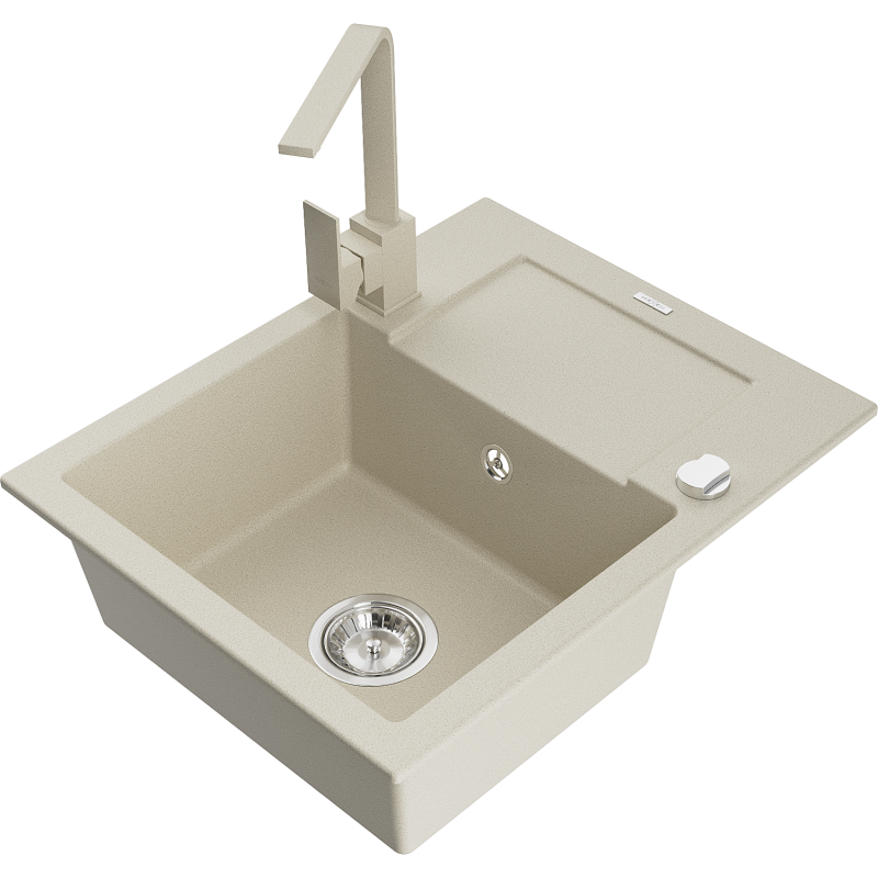 Mexen Enzo 1-bowl granite sink with drainer and Rita kitchen tap, beige - 6506-69-670300-69