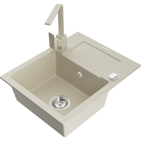 Mexen Enzo 1-compartment granite sink with a drip tray and kitchen mixer tap Rita, Beige - 6506-69-670300-69