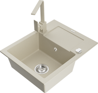 Mexen Enzo 1-compartment granite sink with a drip tray and kitchen mixer tap Rita, Beige - 6506-69-670300-69