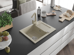 Mexen Enzo 1-bowl granite sink with drainer and Rita kitchen tap, beige - 6506-69-670300-69
