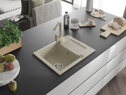 Mexen Enzo 1-compartment granite sink with a drip tray and kitchen mixer tap Rita, Beige - 6506-69-670300-69