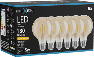 Mexen Vintis 6x LED Filament Bulb E27, G80, 2W, Warm - 2200K, 180 lm, amber - L155-E27-0222-50x06