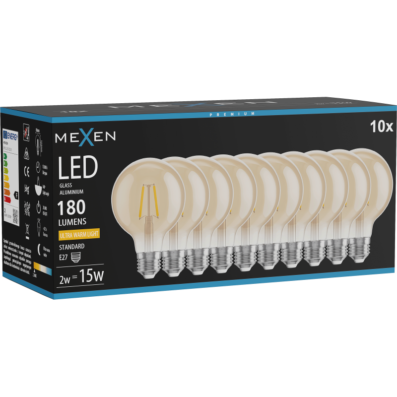 Mexen Vintis 10x LED Filament Bulb E27, G80, 2W, Warm - 2200K, 180 lm, amber - L155-E27-0222-50x10