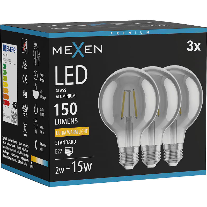 Mexen Vintis 3x Filament LED Bulb E27, G80, 2W, Warm - 2200K, 150 lm, smoke - L155-E27-0222-70x03